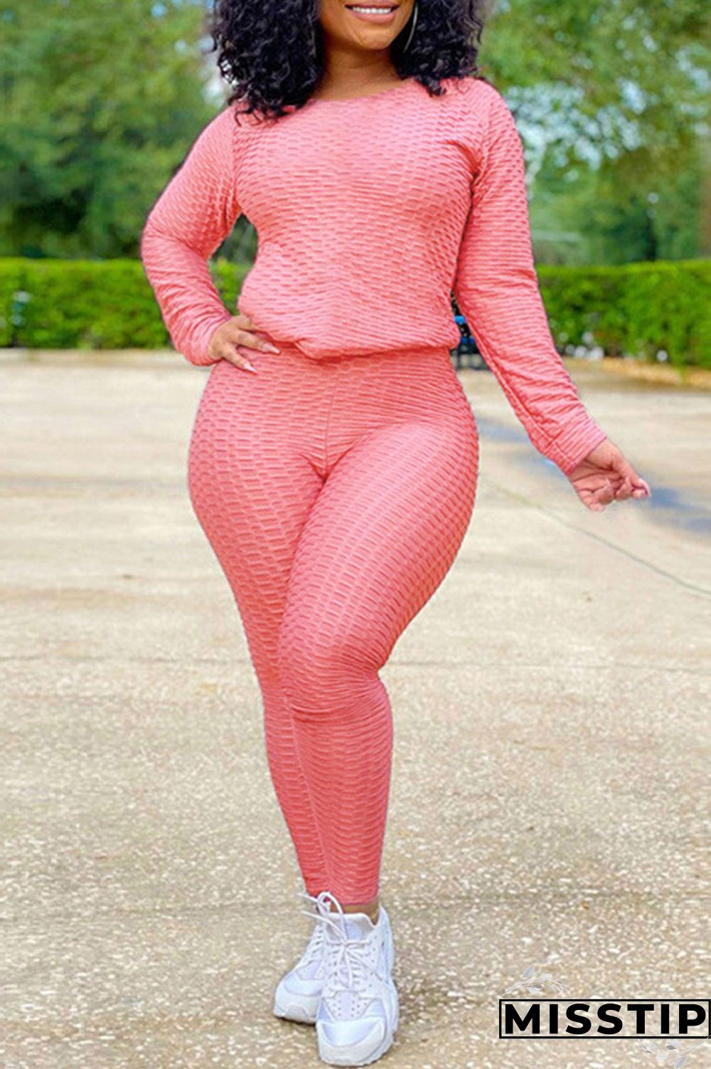 Orange Casual Solid O Neck Long Sleeve Two Pieces