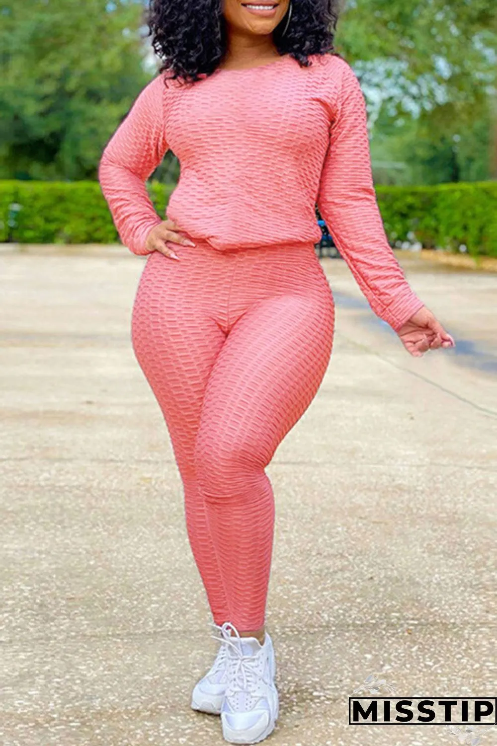 Orange Casual Solid O Neck Long Sleeve Two Pieces