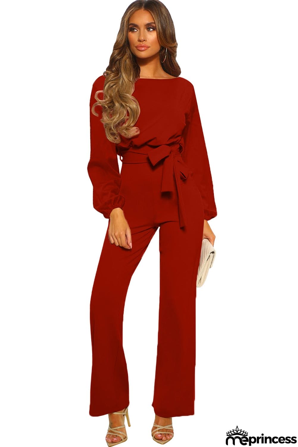 Navy Boat Neck Bubble Sleeve Straight Legs Jumpsuit with Belt Tie