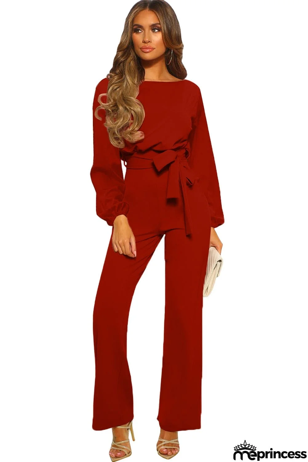 Navy Boat Neck Bubble Sleeve Straight Legs Jumpsuit with Belt Tie