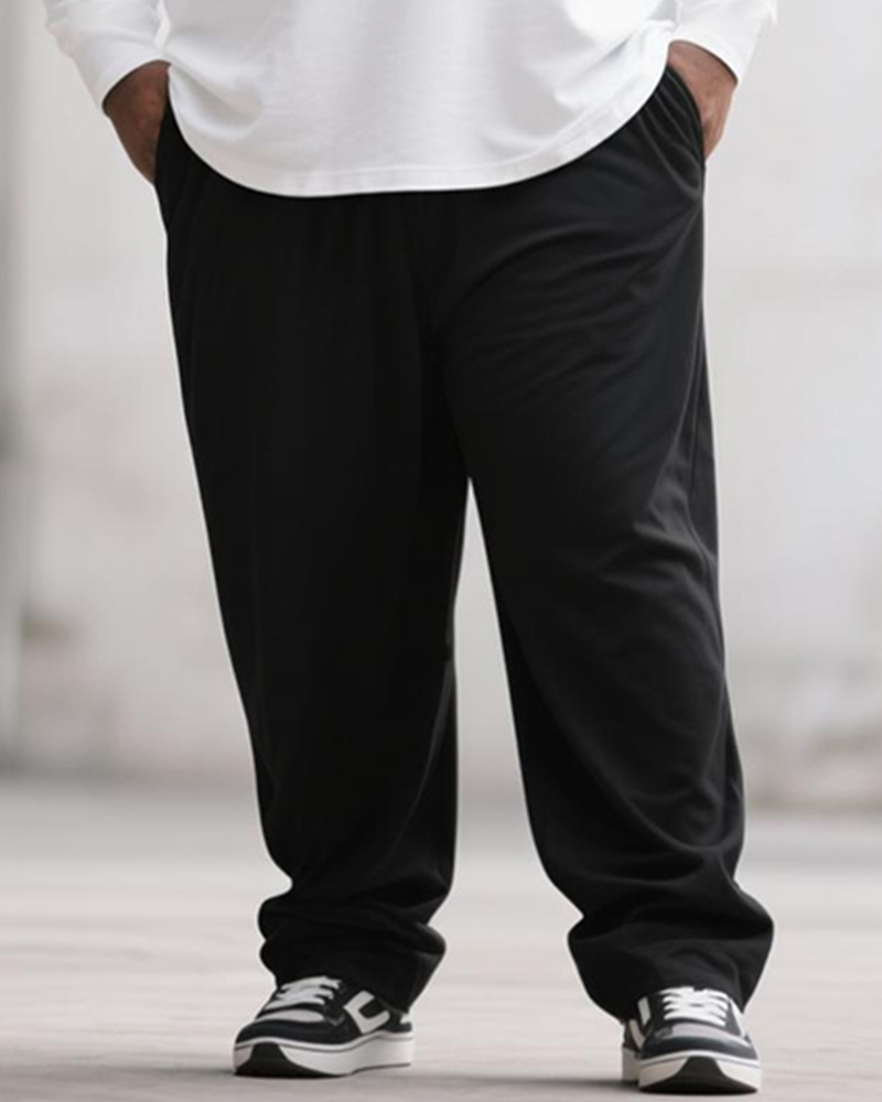 Big & Tall Men's Black And White Geometric Bear Print Long Sleeve T-Shirt Pants Suit