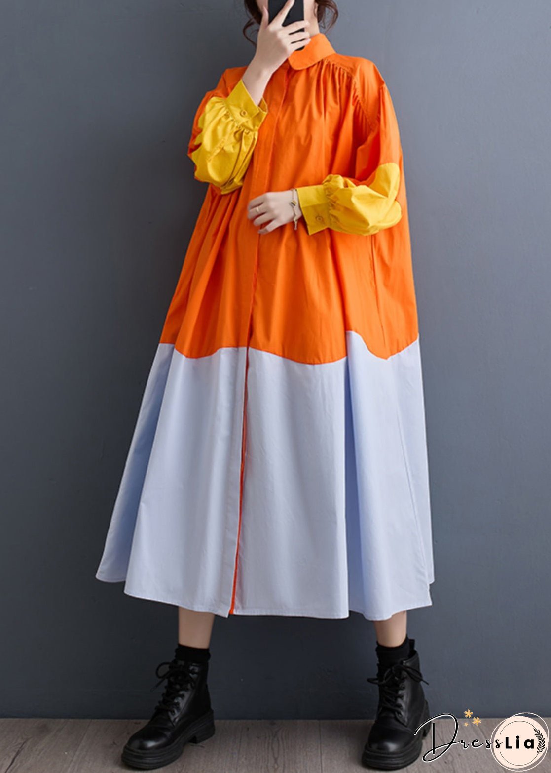 French Orange Peter Pan Collar Patchwork Wrinkled Maxi Shirts Dresses Spring