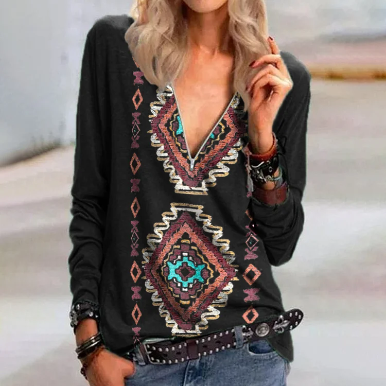 V-Neck Geometric Print Zipper Long-Sleeved T-Shirt