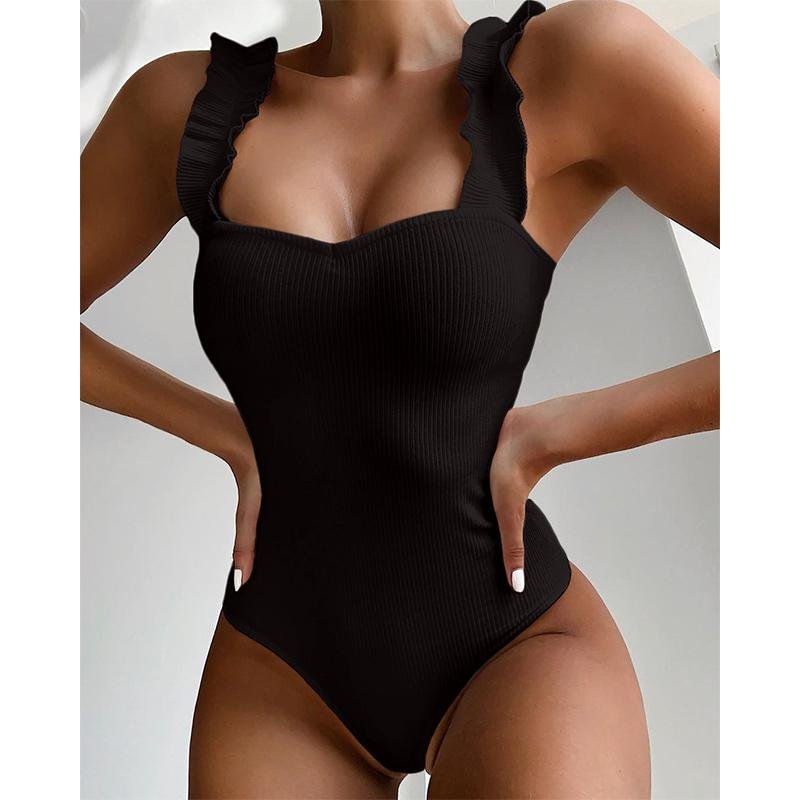 2021 Black Sexy Bikini One Piece Swimsuit Women Ruffle Swimwear Push Up Monokini Bathing Suits Summer Beach Wear Swimming Suit