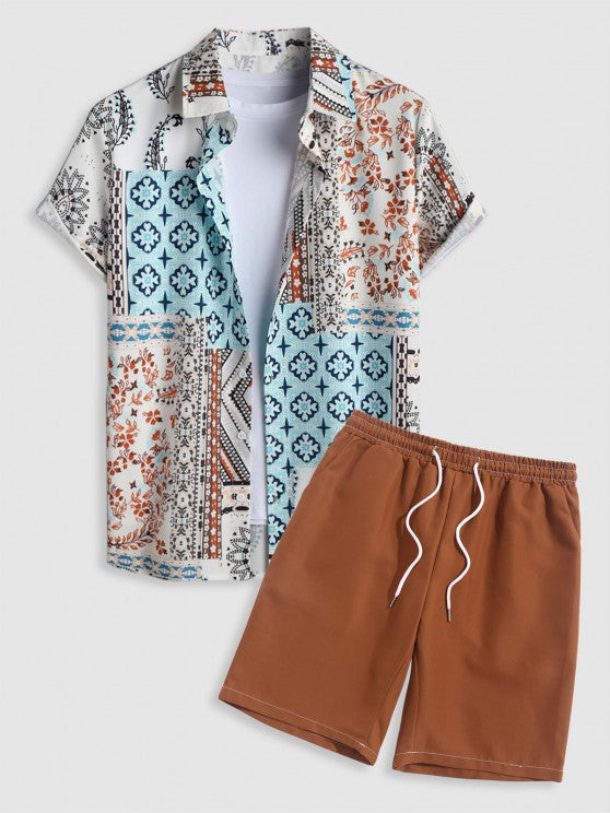 Flower Print Short Sleeves Shirt With Solid Color Casual Shorts Set