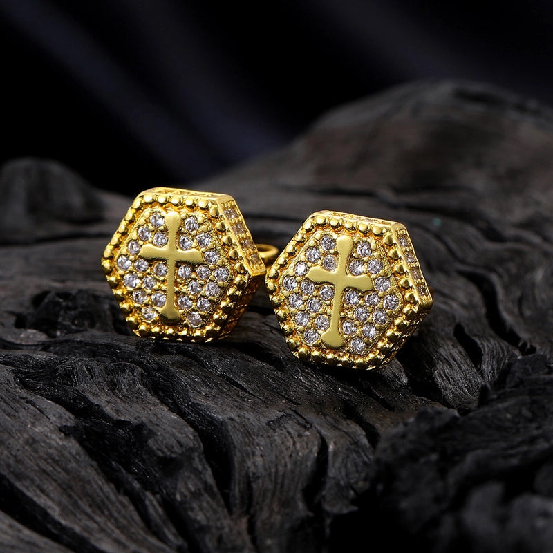1 Pair Hip-Hop Hexagon Cross Plating Inlay Copper Zircon White Gold Plated Gold Plated Men Studs