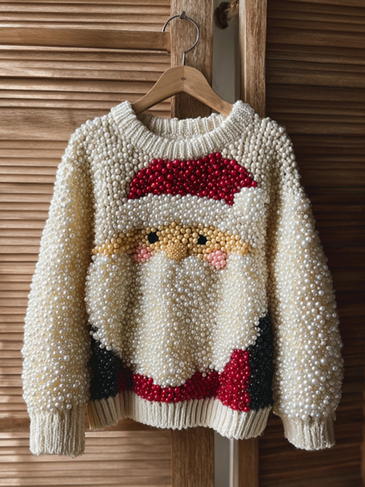 Santa Claus Embroidered Pearl Crew Neck Sweater
