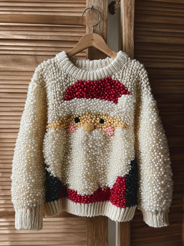 Santa Claus Embroidered Pearl Crew Neck Sweater