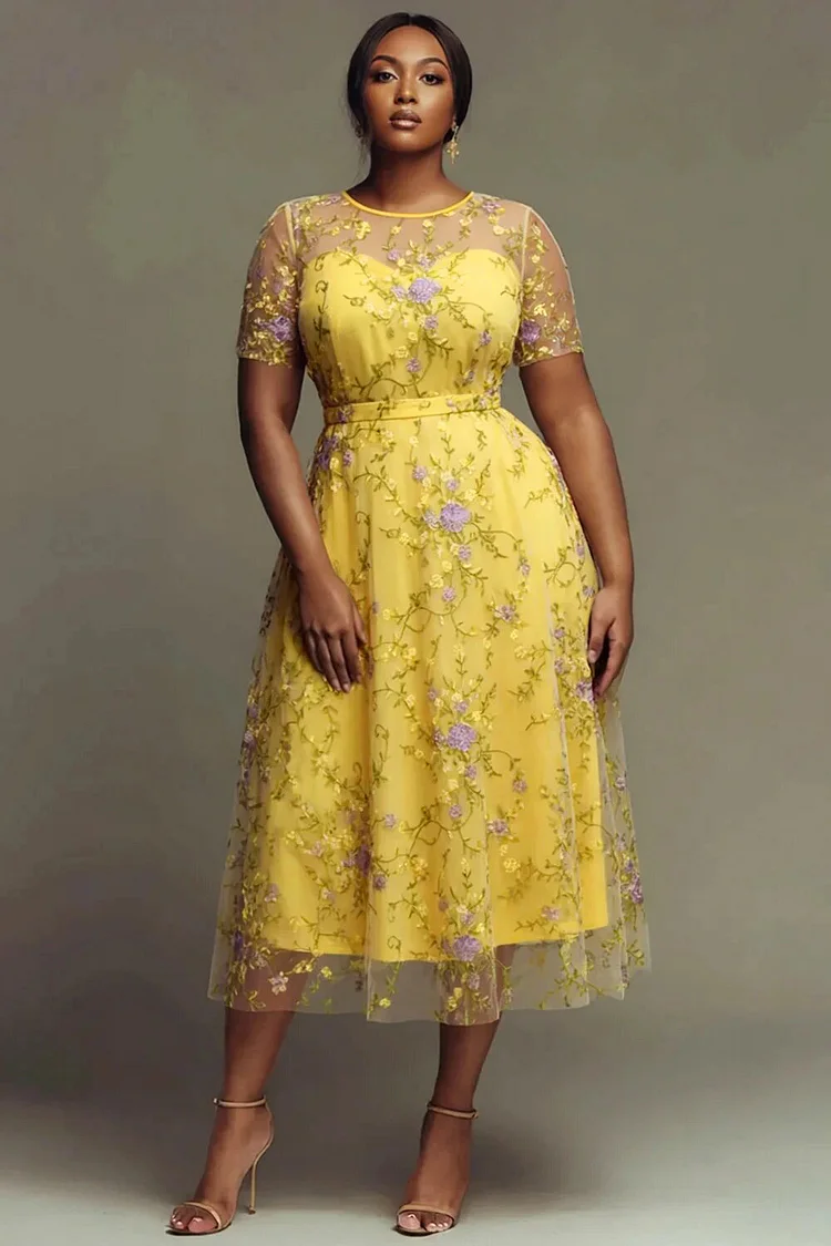 Xpluswear Design Plus Size Cocktail Party Yellow Floral Round Neck Short Sleeve Embroidery See Through Midi Dresses 2024 - Xpluswear