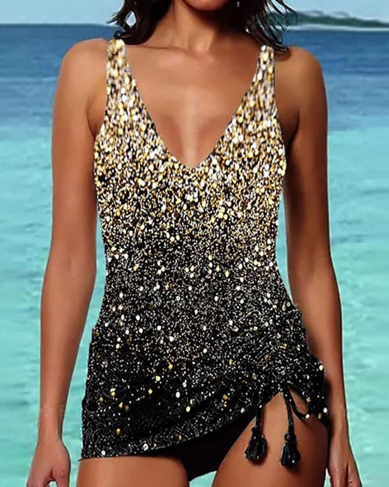 Women's Swimwear Open Back Color Block Gold Tankini shopify LILYELF