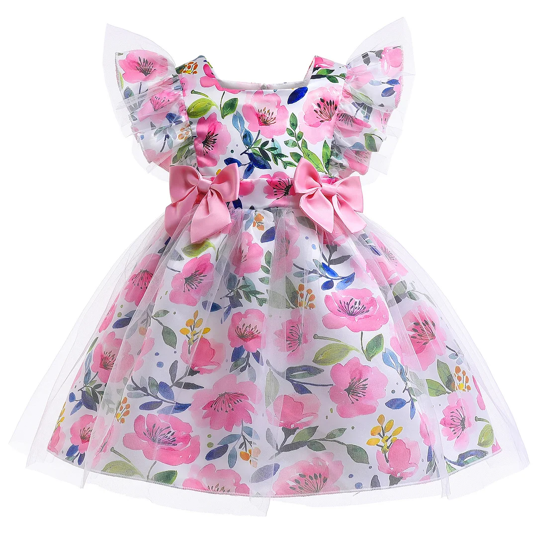 Buzzdaisy Flowers Princess Dress For Toddlers Bow-Knot Girl Lotus Leaf Sleeves Can Be Washed Cotton Vintage Skirt Autumn
