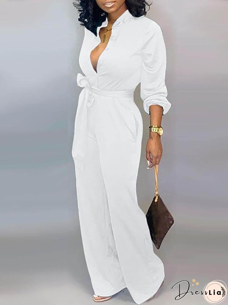 Solid Buttoned Pocket Casual Jumpsuit for Women