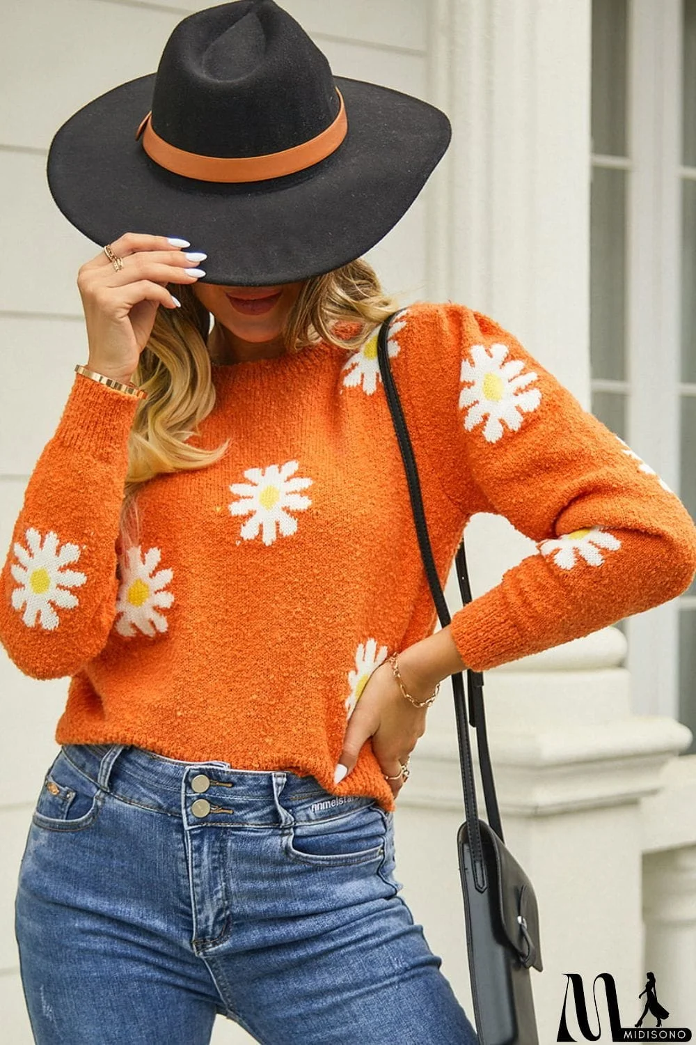 MidiSono - Flower Pattern Round Neck Short Sleeve Pullover Sweater