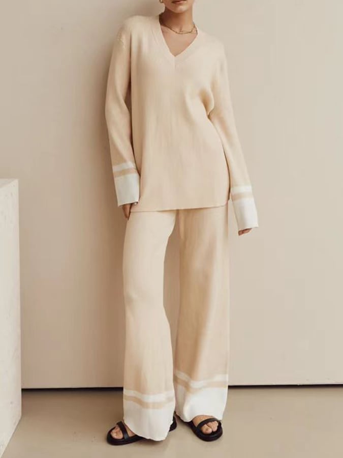 Women's Fashion Loose V Neck Contrast Color Sweater Wide Leg Pants Casual Set