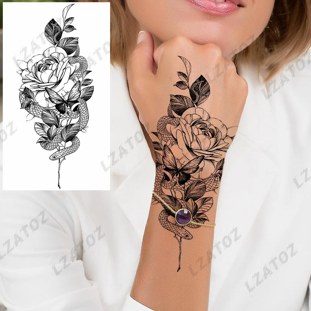Sdrawing Rose Flower Temporary Tattoos For Woman Adults Realistic Compass Cross Fake Tatoos Sexy Waterproof Hand Tattoo Sticker