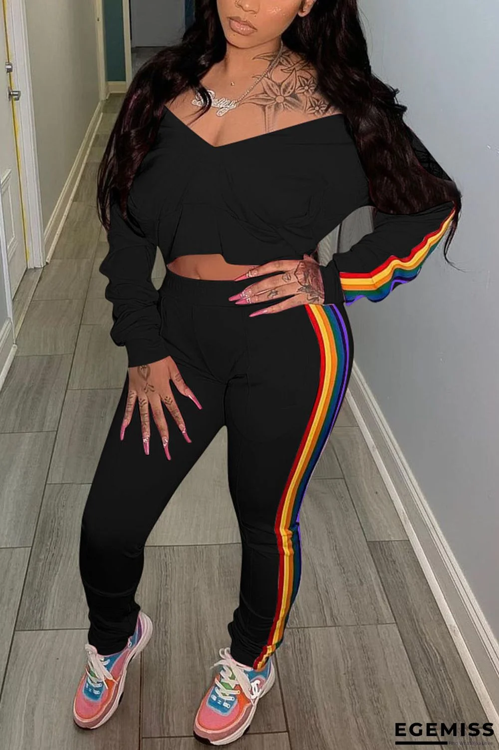 Black Daily Solid Long Sleeve Two Pieces | EGEMISS