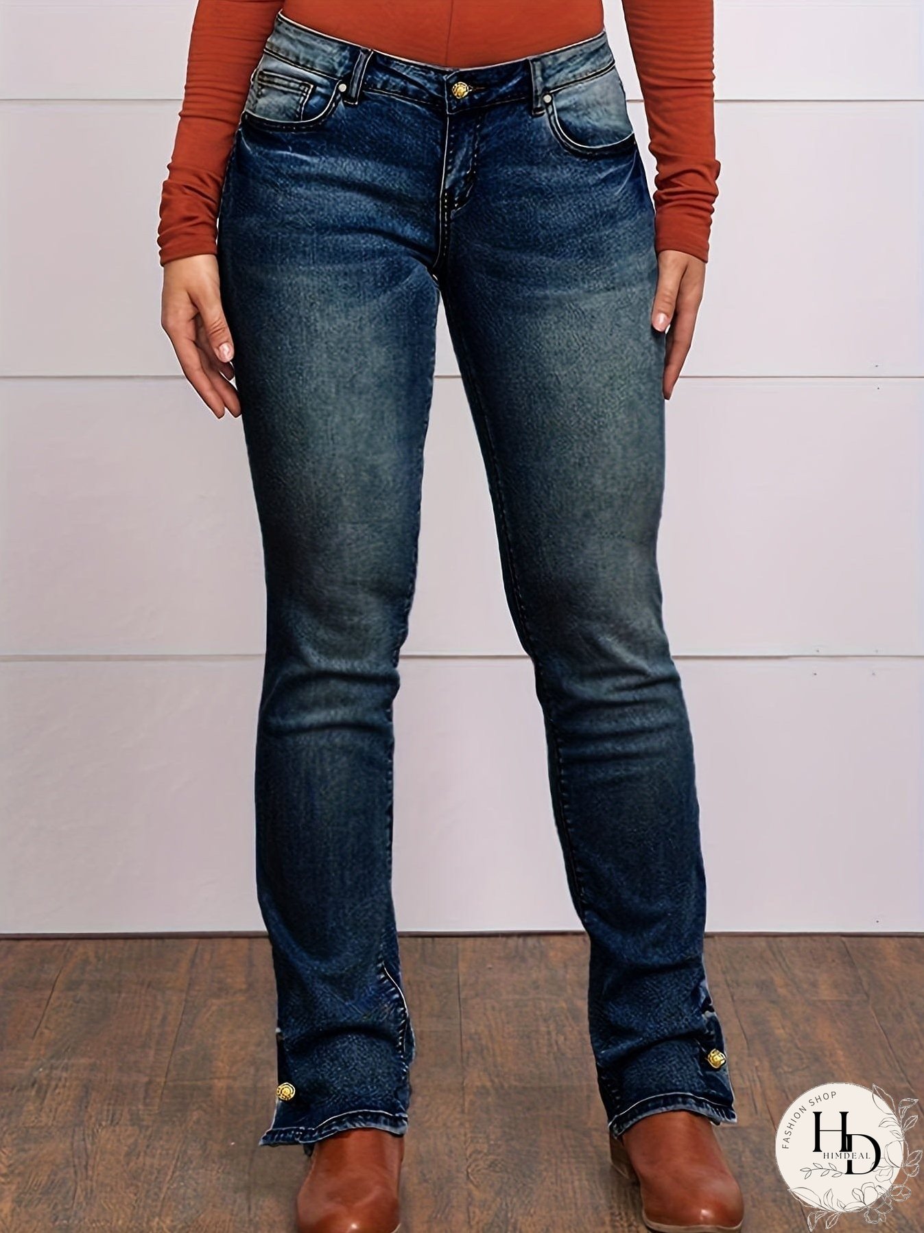 Vintage Embroidered Patchwork Bootcut Button Side Split Denim Jeans