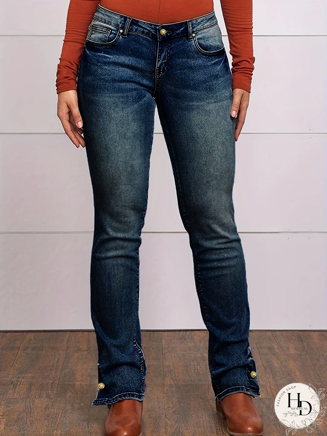 Vintage Embroidered Patchwork Bootcut Button Side Split Denim Jeans