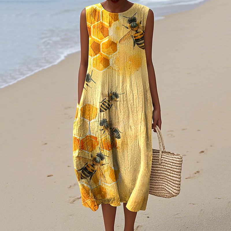 Comstylish Women's Vintage Bee Art Print Casual Dress