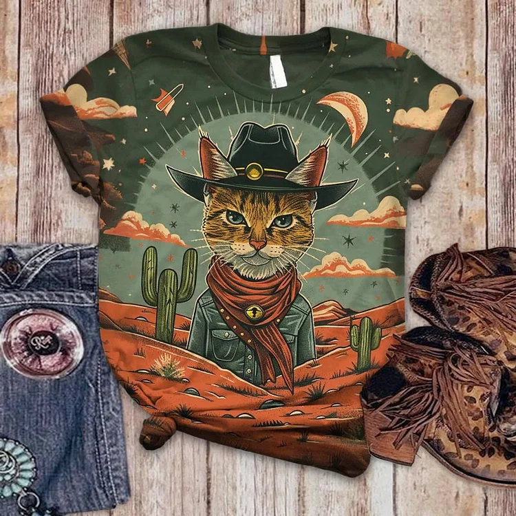 Women's Retro Cute Western Cowboy Cat Print Short Sleeve T-shirt