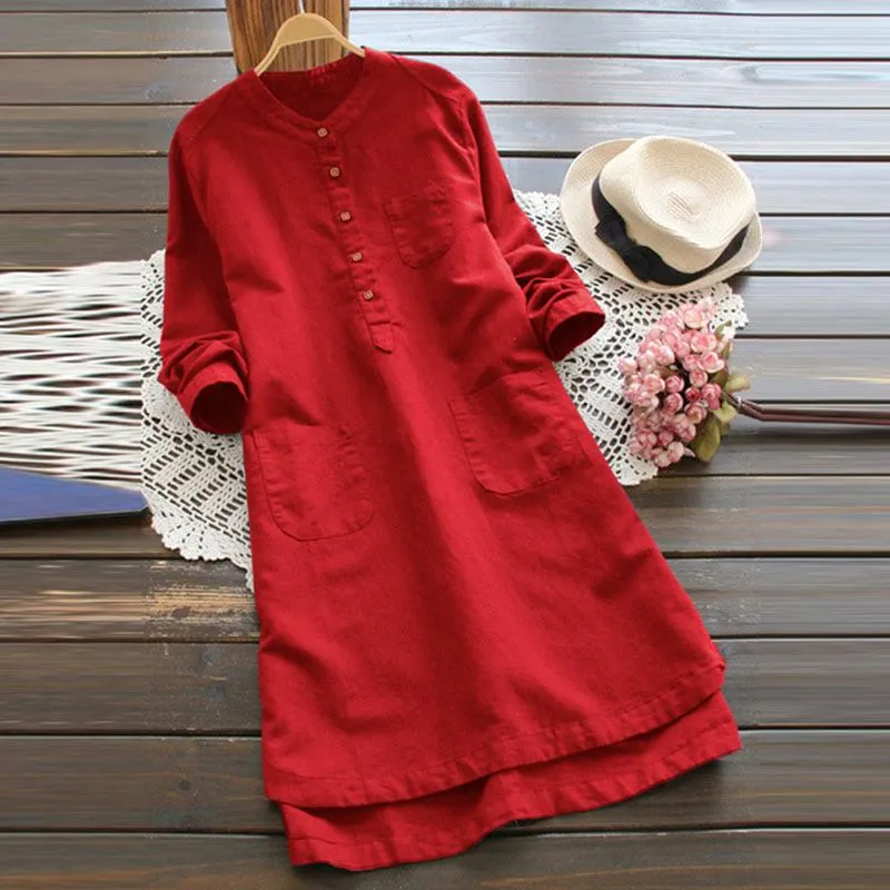 ZANZEA Women Vintage Long Sleeve Solid Mini Dress 2022 Autumn Cotton Shirt Vestido Casual Long Top Blusas Robe Feminina Sundress
