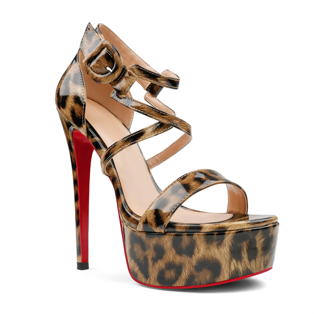 150mm Women's Open Toe Platform Sandals Ankle Strap High Heel Patent Red Bottom Summer Shoes-MERUMOTE