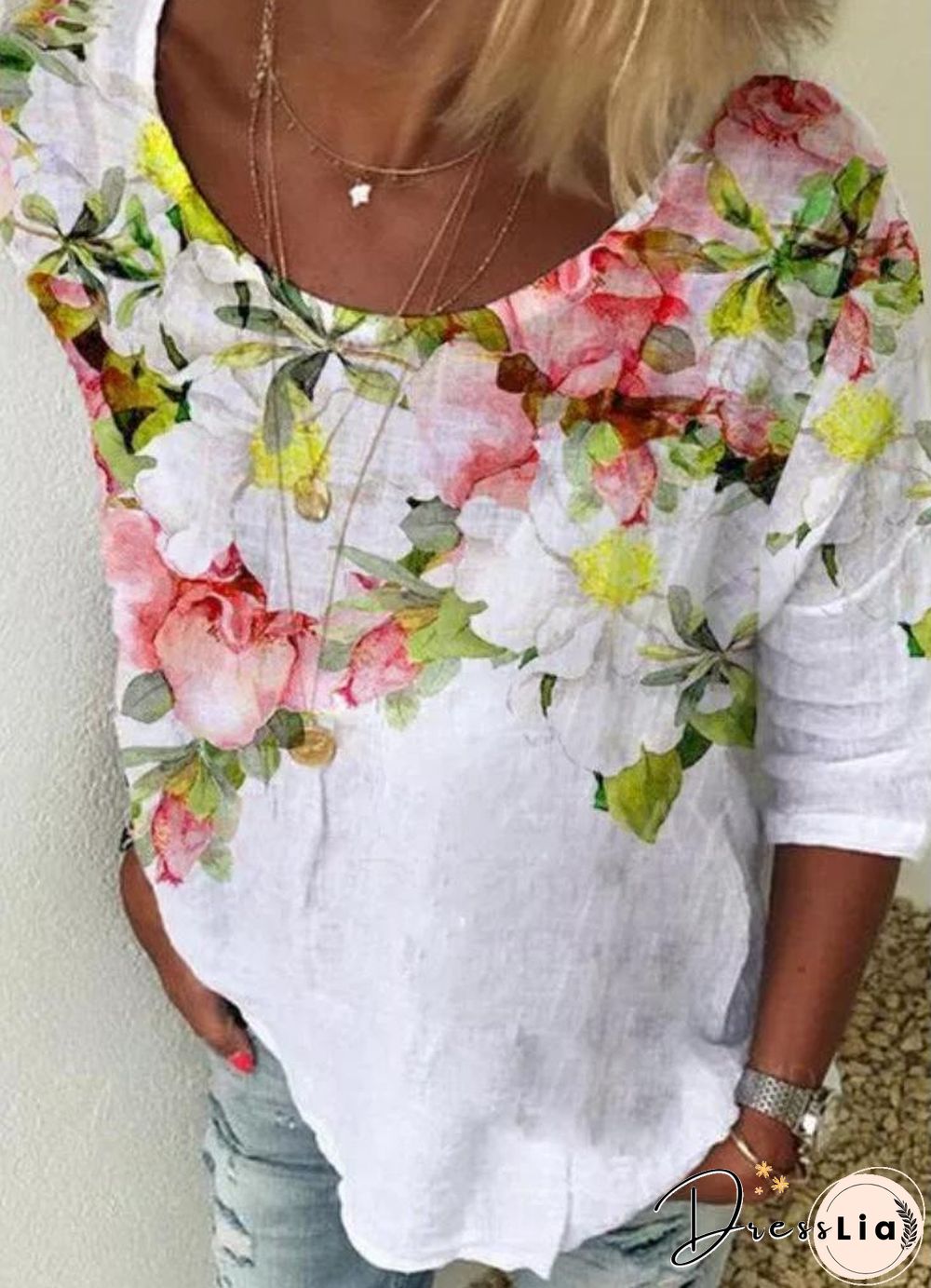 Fashion Women Summer Printed Round Neck Top