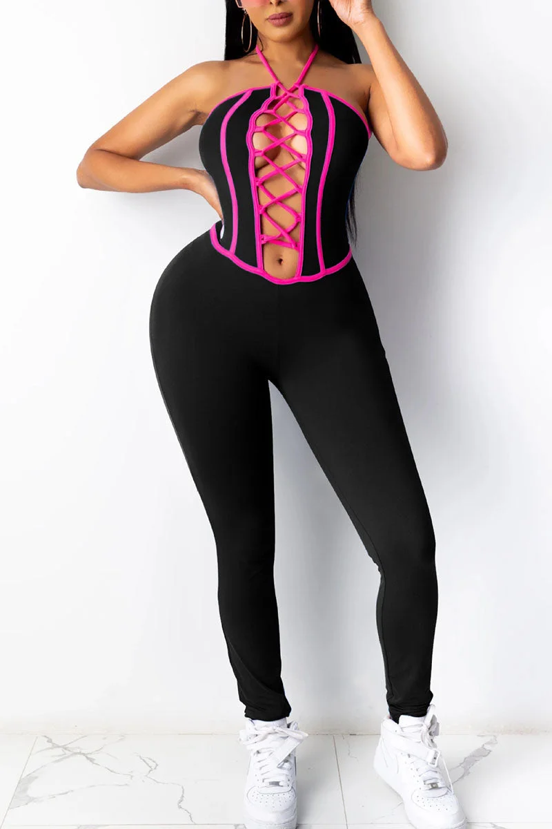 Sexy Solid Hollowed Out Split Joint Frenulum Halter Skinny Jumpsuits