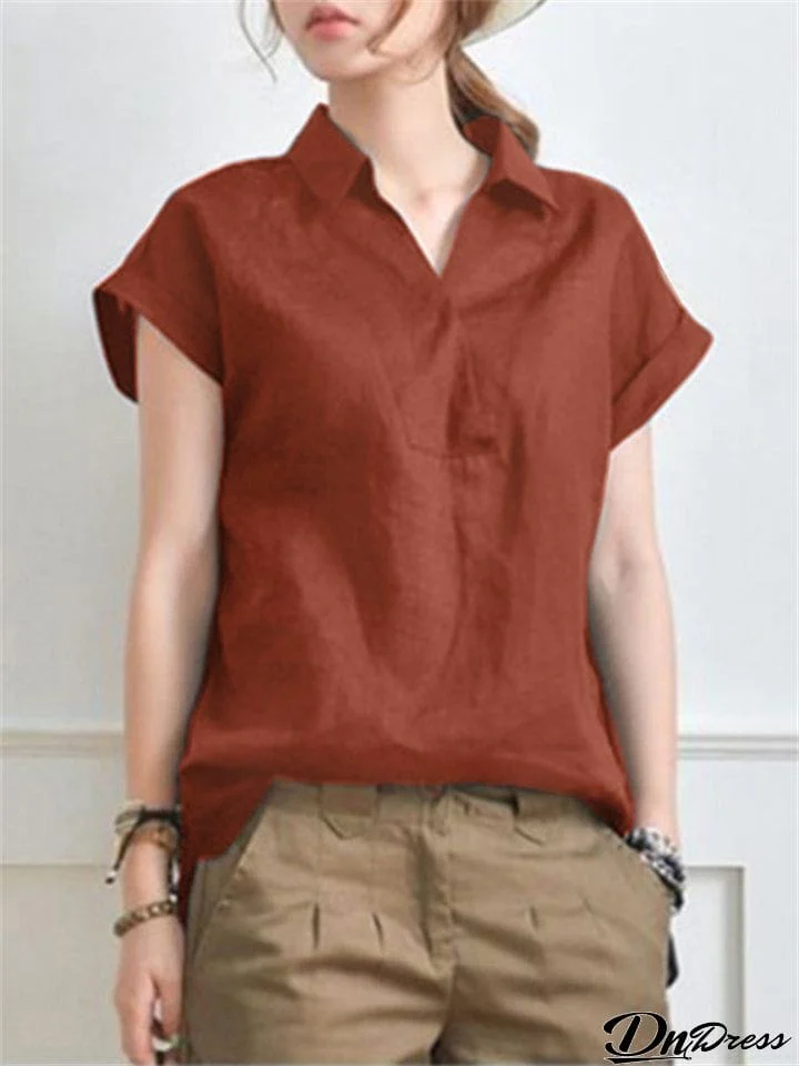 Summer Elegant V-neck Short Sleeve Office Cotton Blouses for Lady