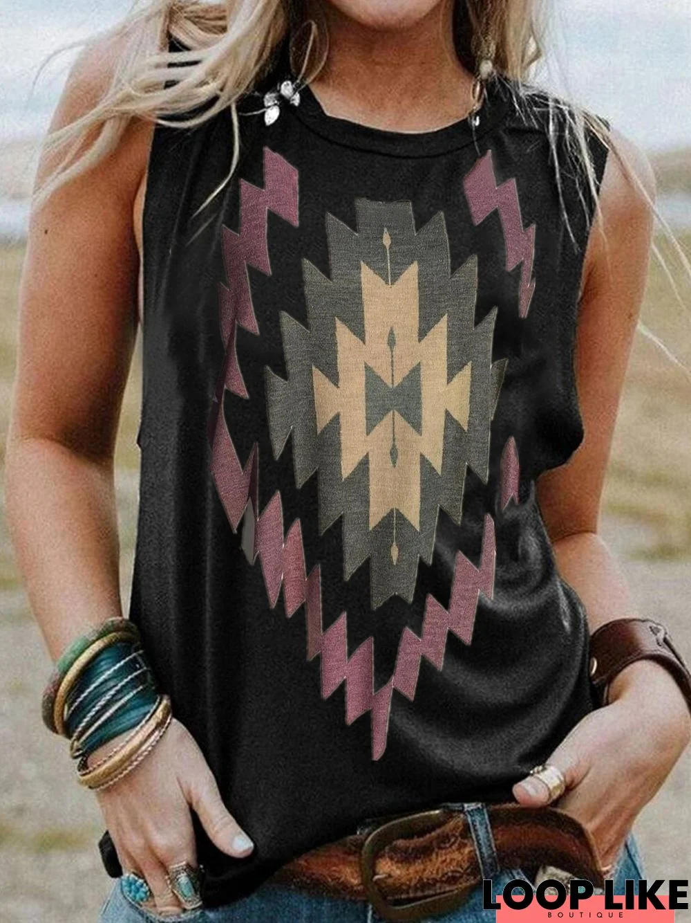 Vintage Sleeveless Boho Geometric Printed Crew Neck Plus Size Casual Vest Tops