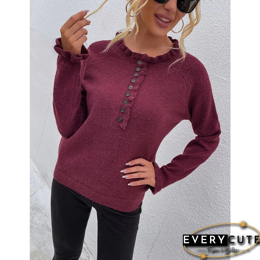 Wine Red Ruffle Detail Crew Neck Long Sleeve Knitted Sweater