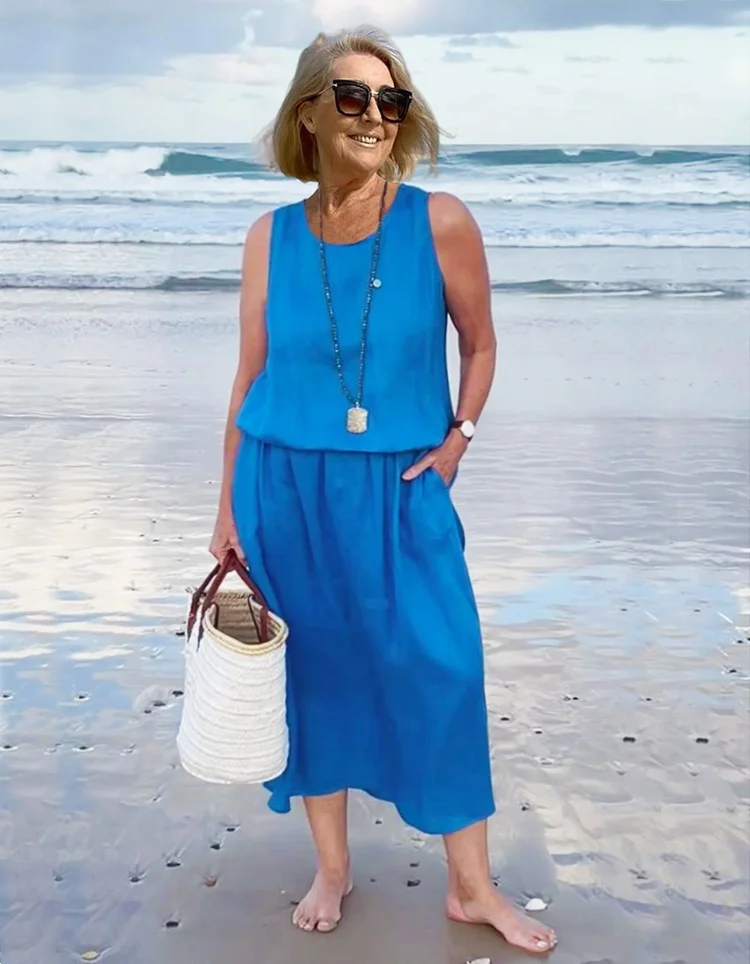 Round Neck Sleeveless Beach Tunic Dress VangoghDress