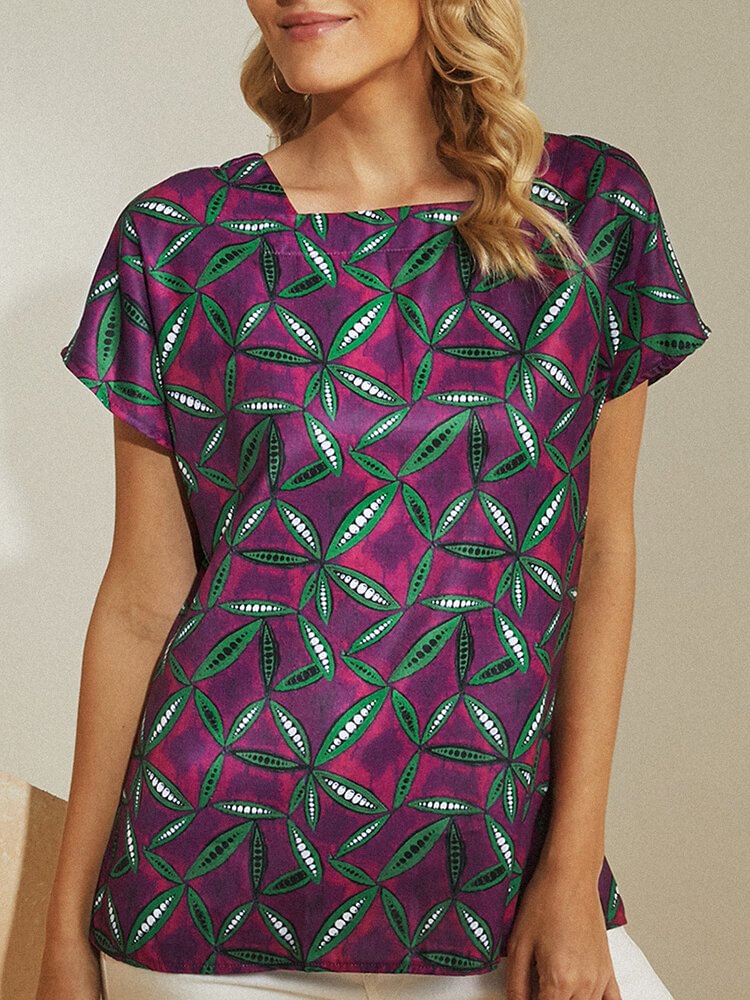 Vintage Printed Short Sleeve Square Collar Blouse For Women P1724630