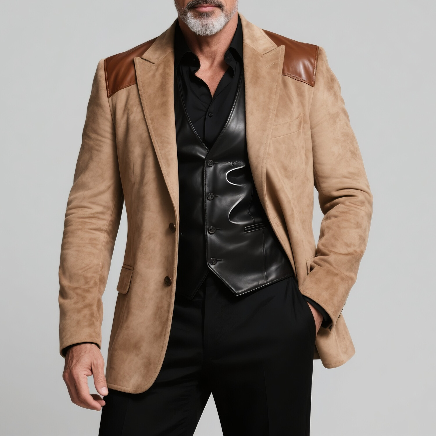 Men's Retro Peaked Lapel Single Breasted PU Leather Shoulder Patches Suede Blazer