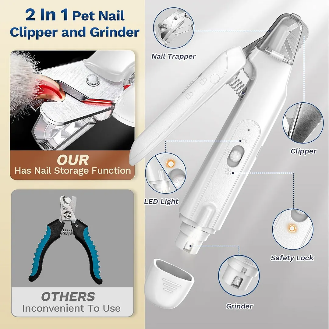 2-in-1 Pet Nail Clippers and Grinder with Light, Safety Lock & Catcher Cap, Quiet Home Grooming Nail Clippers Trimmers for Small Large Pets