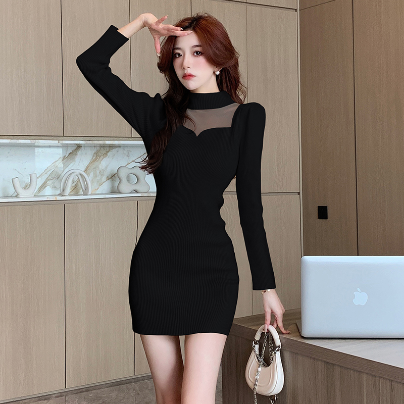 OLCooL Sexy Sweater Dress Women Mesh Patchwork Slim Knitted Mini Dress Korean Fashion Harajuku Long Sleeve Bottoming Dress Female New olcool