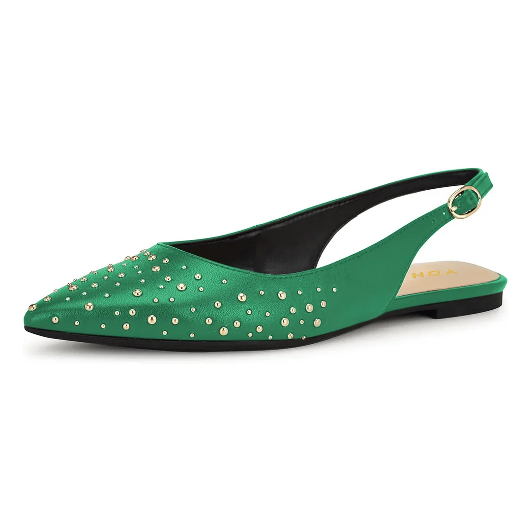 YDN Green Pointed Toe Studded Slingback Flat Shoes for Women