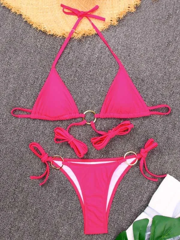 Triangles Bandage Metal Ring Split Bikini Swimsuit