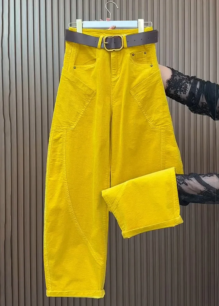 Plus Size Yellow Pockets High Waist Corduroy Wide Leg Pants Fall