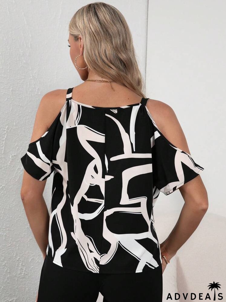 Allover Print Cold Shoulder Chain Detail Blouse