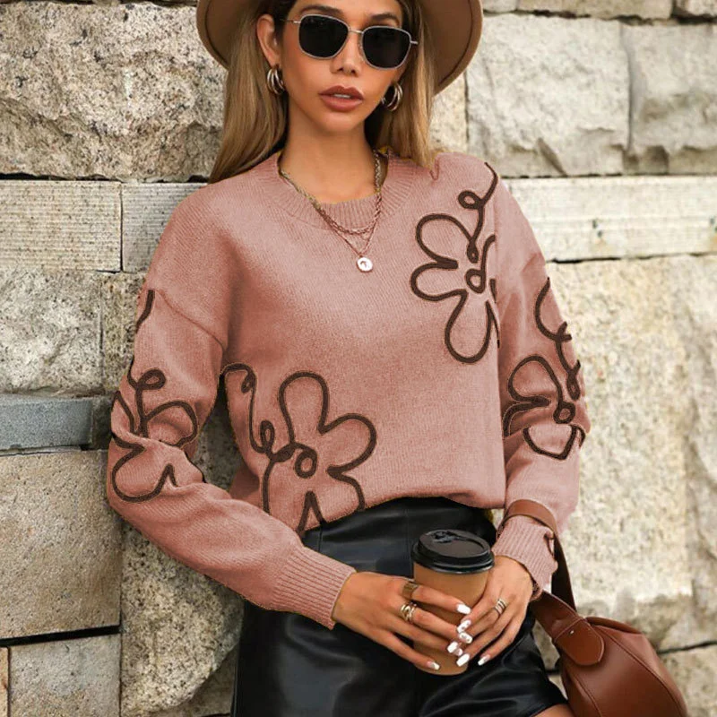 Athvotar Athvotar And Winter New Women's Sweater Fashion Flowers Three-Dimensional Embroidered Round Collar Long-Sleeved Knitted Shirt Woman