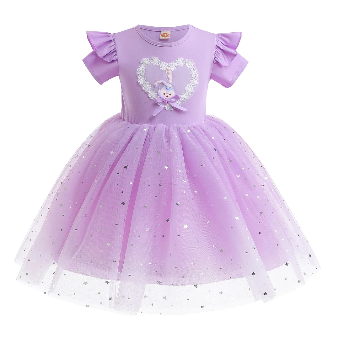 Girls Summer Short Sleeve Princess Dress: Starry Delight Gradient Tulle Dress for Children
