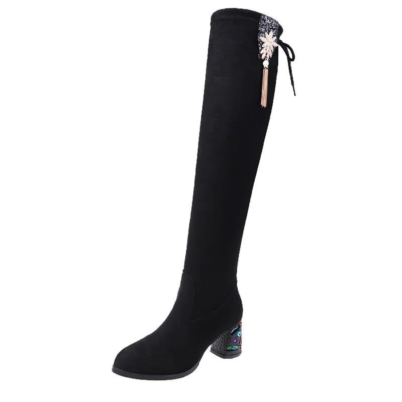Knee Boots for Women Winter 2020 High Heel Shoes Pointed Toe Leather Flock Ladies Zapatos De Mujer Casual Thigh High Boots
