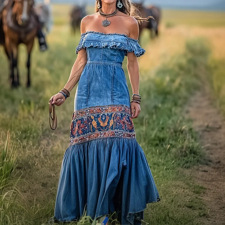 Ursime Western Off Shoulder Ruffle Graphic Patchwork Denim Maxi Dress