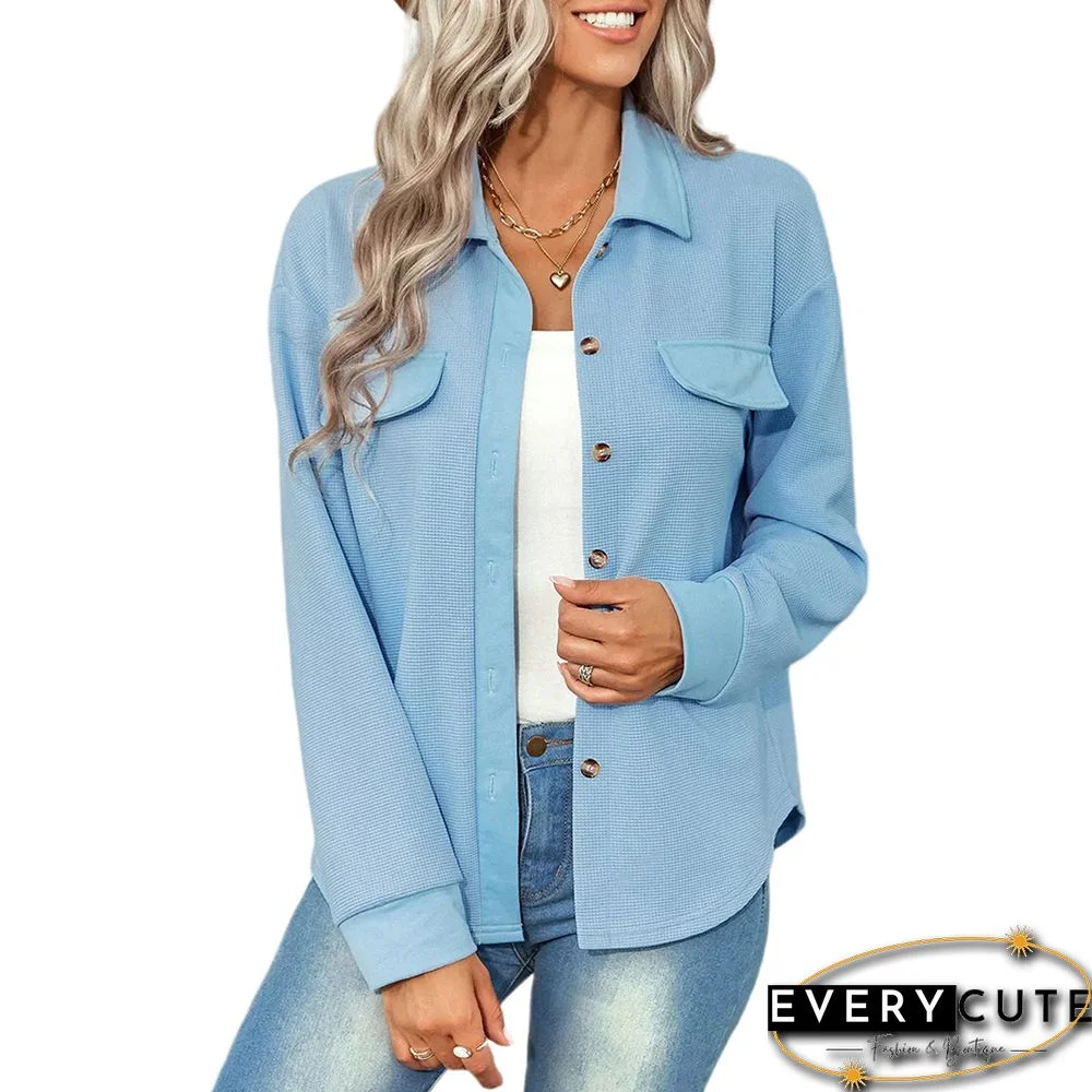 Light Blue Waffle Pocket Decoration Knit Button Shirt