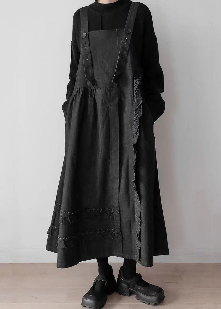 Novelty Black Ruffled Patchwork Button Pockets Long Dresses Fall
