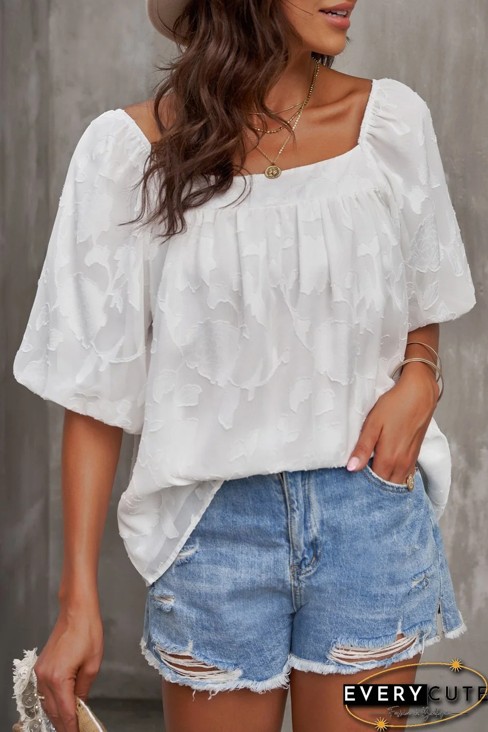 White Lush Printed Balloon Sleeve Ruched Chiffon Top