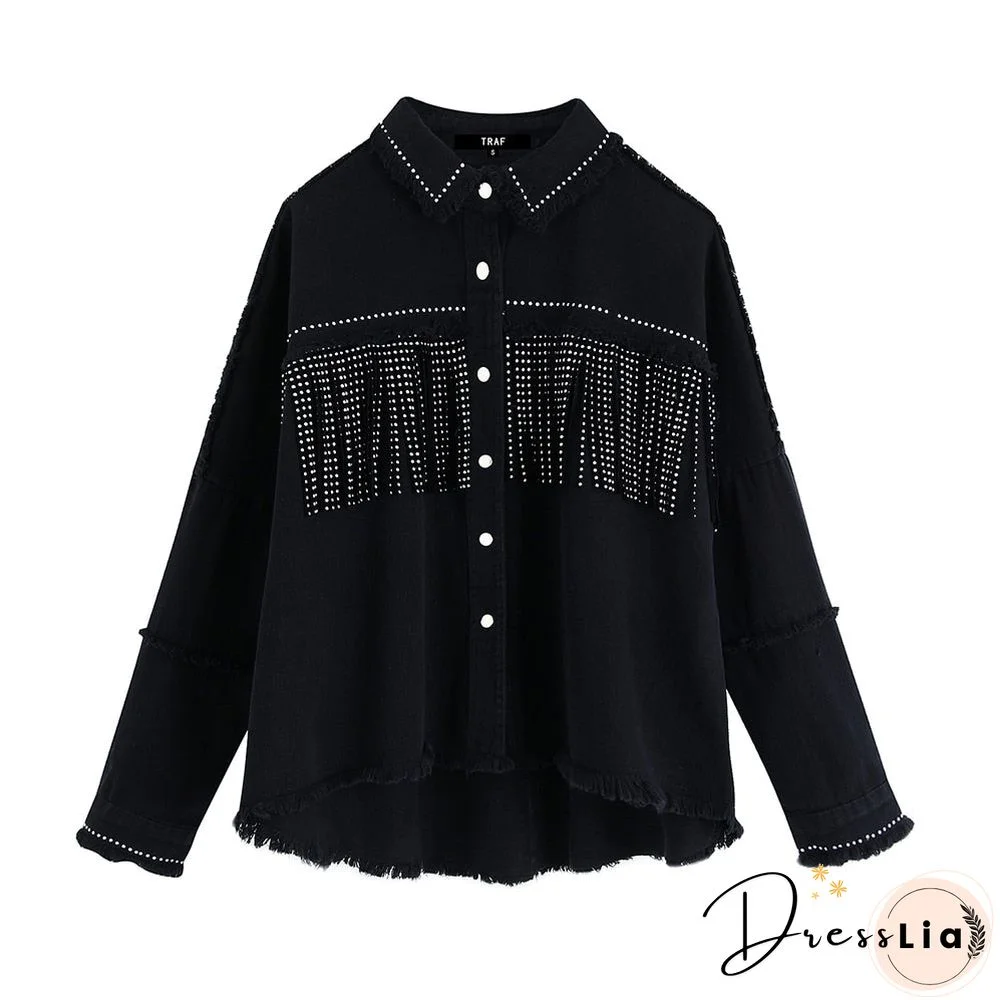 Women Stylish Tassel Beaded Oversized Denim Jacket Coat Vintage Fashion Long Sleeve Frayed Trim Outerwear Chic Loose Tops