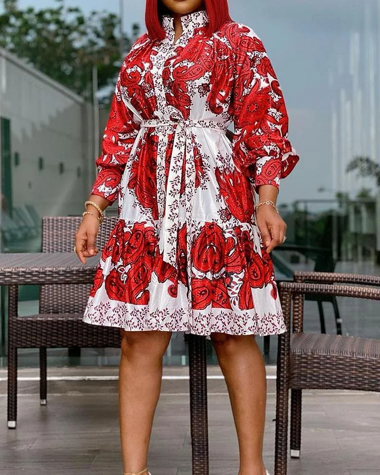 Ruffled Nine-Sleeve Printed Dress