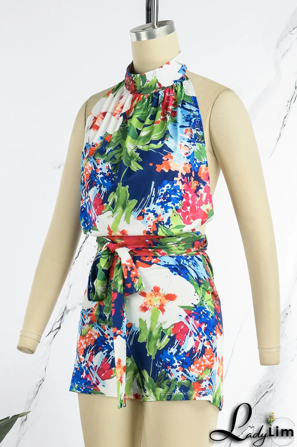 Green Sexy Vacation Floral Frenulum Backless Half A Turtleneck Regular Jumpsuits(With Belt)